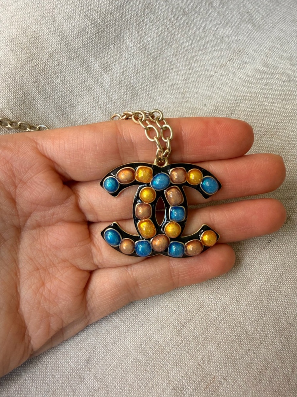 CHANEL Blue and Gold CC Logo Pendant Necklace - Picture 6 of 9